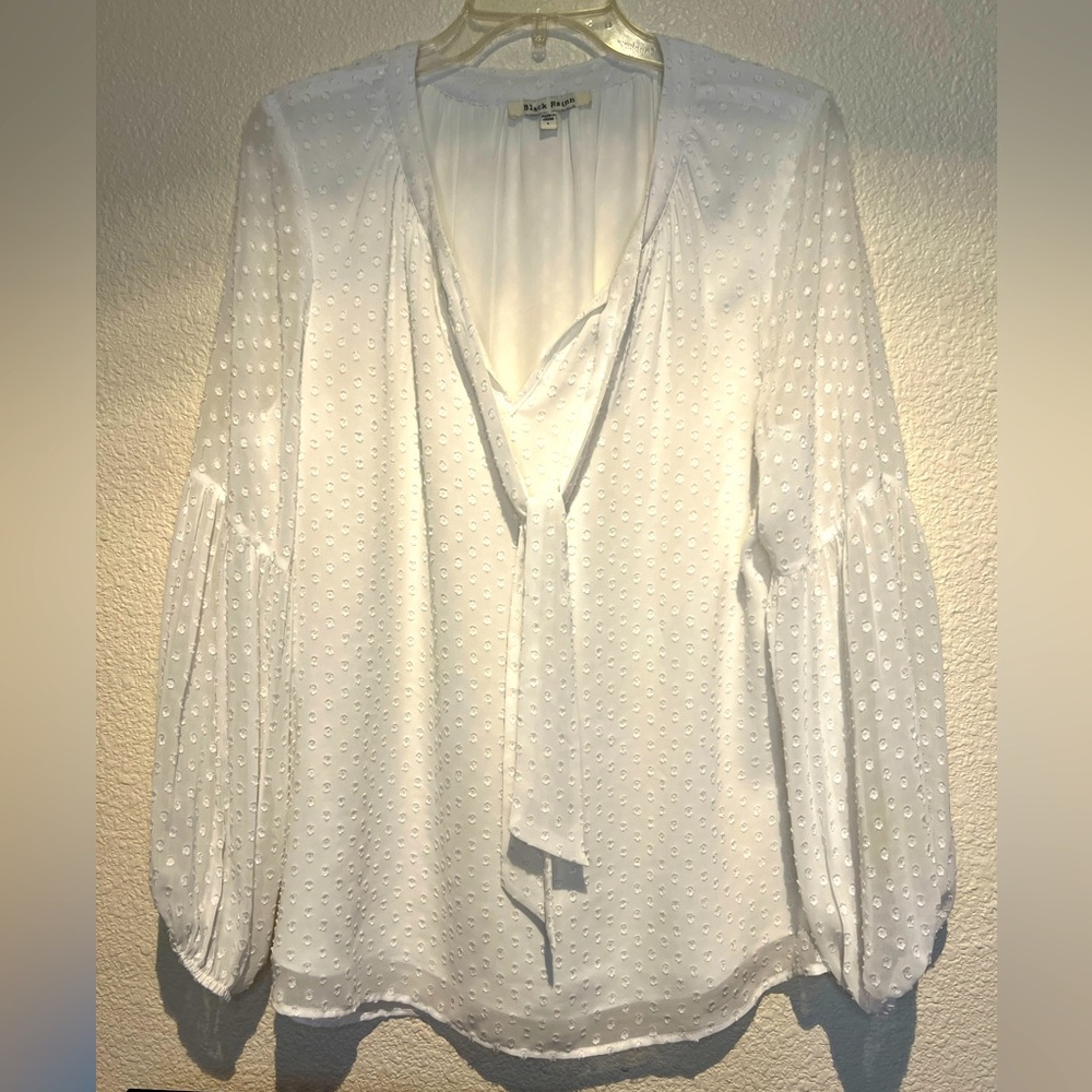 Black Rainn White sheer sleeves neck tie blouse top Sz Large